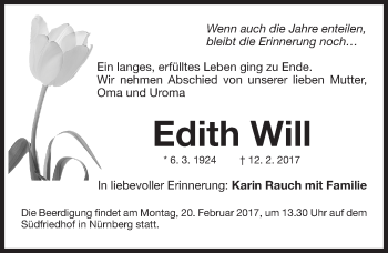 Traueranzeige von Edith Will von Gesamtausgabe Nürnberger Nachrichten/ Nürnberger Ztg.