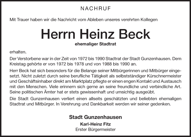  Traueranzeige für Heinz Beck vom 11.02.2017 aus Altmühl-Bote Lokal