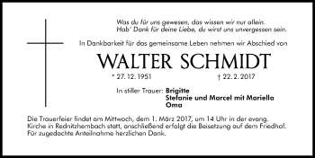 Traueranzeige von Walter Schmidt von Schwabach