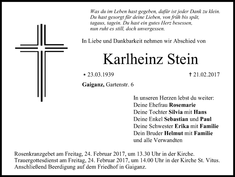  Traueranzeige für Karlheinz Stein vom 23.02.2017 aus Nordbayerische Nachrichten Forchheim Lokal