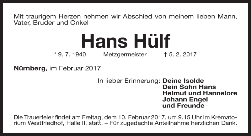  Traueranzeige für Hans Hülf vom 07.02.2017 aus Gesamtausgabe Nürnberger Nachrichten/ Nürnberger Ztg.