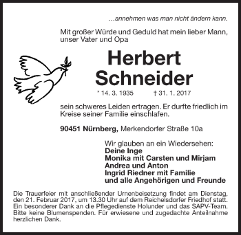 Traueranzeige von Herbert Schneider von Gesamtausgabe Nürnberger Nachrichten/ Nürnberger Ztg.