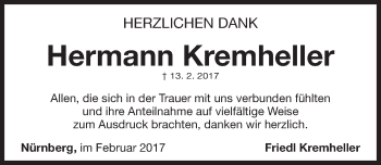 Traueranzeige von Hermann Kremheller von Gesamtausgabe Nürnberger Nachrichten/ Nürnberger Ztg.