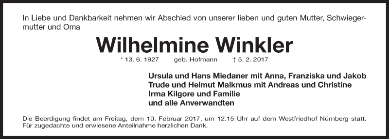  Traueranzeige für Wilhelmine Winkler vom 08.02.2017 aus Gesamtausgabe Nürnberger Nachrichten/ Nürnberger Ztg.