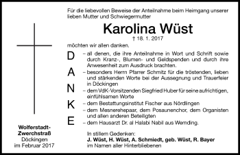 Traueranzeige von Karolina Wüst von Altmühl-Bote Lokal
