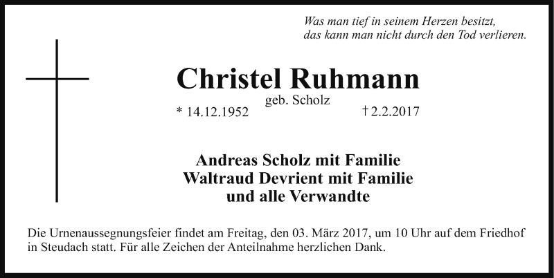  Traueranzeige für Christel Ruhmann vom 27.02.2017 aus Erlanger Nachrichten Lokal
