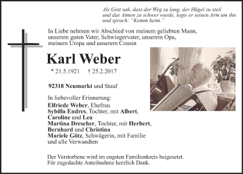 Traueranzeige von Karl Weber von Neumarkter Nachrichten Lokal