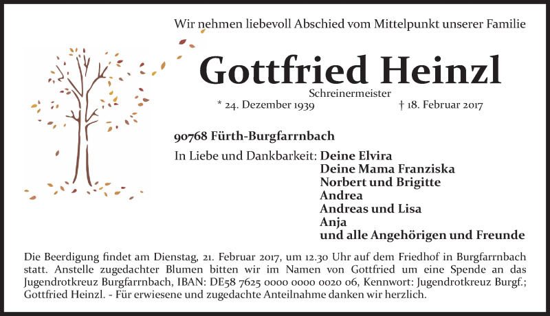  Traueranzeige für Gottfried Heinzl vom 20.02.2017 aus Fürther Nachrichten Lokal