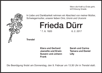 Traueranzeige von Frieda Dürr von Altmühl-Bote Lokal