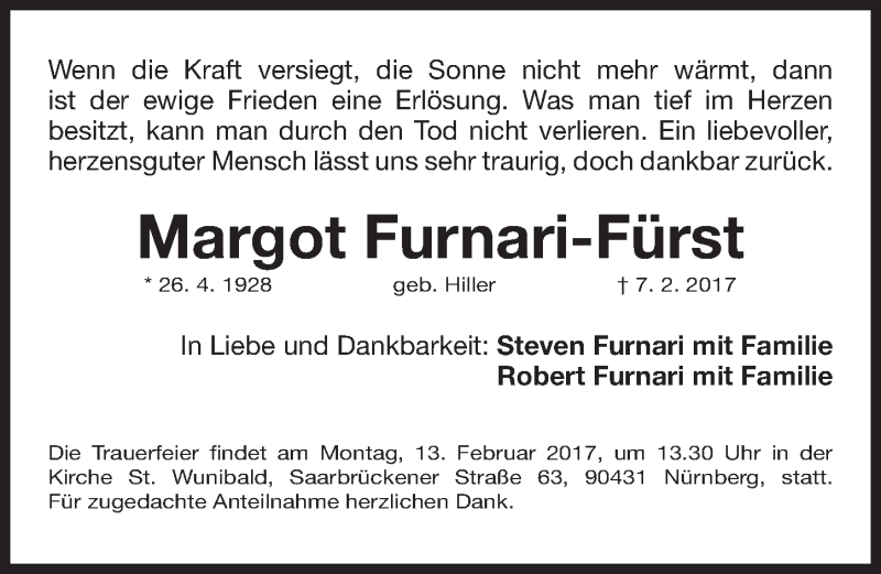  Traueranzeige für Margot Furnari-Fürst vom 11.02.2017 aus Gesamtausgabe Nürnberger Nachrichten/ Nürnberger Ztg.