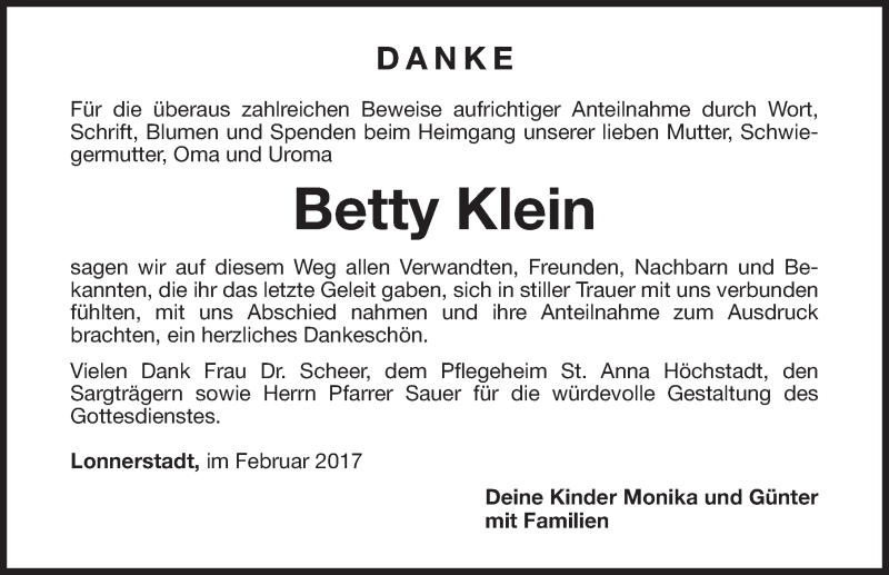  Traueranzeige für Betty Klein vom 18.02.2017 aus Nordbayerische Nachrichten Herzogenaurach Lokal