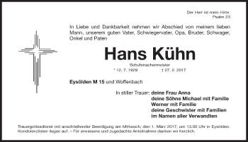 Traueranzeigen von Hans Kühn trauer.nn.de
