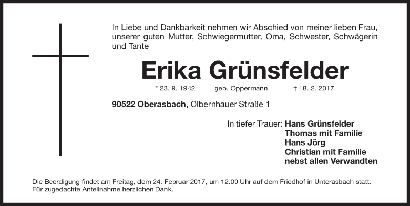  Traueranzeige für Erika Grünsfelder vom 22.02.2017 aus Fürther Nachrichten Lokal