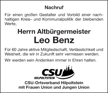 Traueranzeige von Leodegar Benz von Roth-Hilpoltsteiner Volkszeitung Lokal