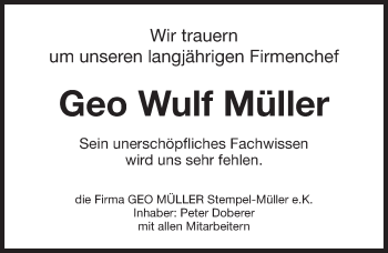 Traueranzeige von Geo Wulf Müller von Gesamtausgabe Nürnberger Nachrichten/ Nürnberger Ztg.