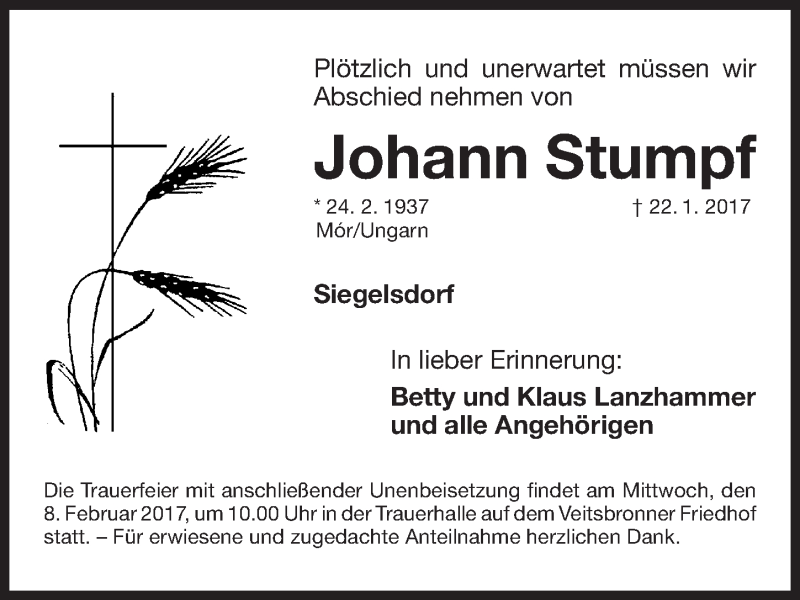  Traueranzeige für Johann Stumpf vom 04.02.2017 aus Fürther Nachrichten Lokal