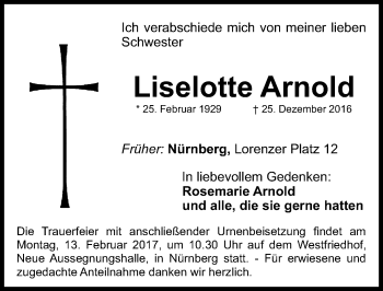Traueranzeige von Liselotte Arnold von Gesamtausgabe Nürnberger Nachrichten/ Nürnberger Ztg./ Fürther Nachrichten
