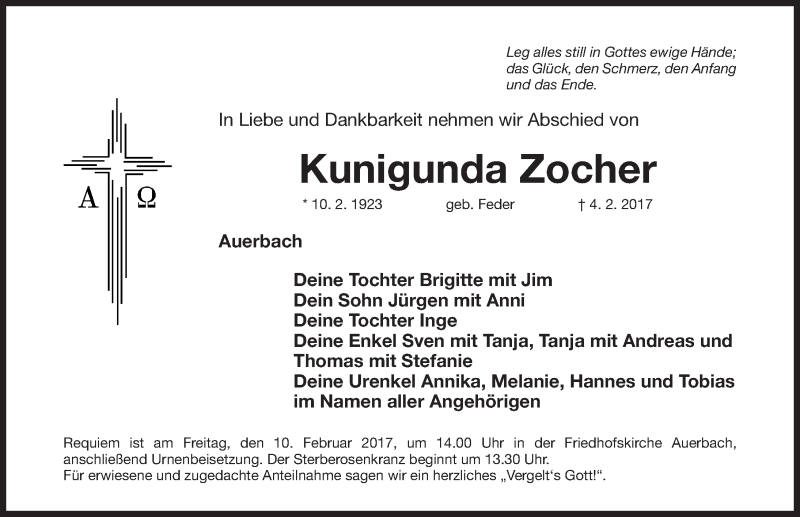  Traueranzeige für Kunigunda Zocher vom 08.02.2017 aus Nordbayerische Nachrichten Pegnitz Lokal
