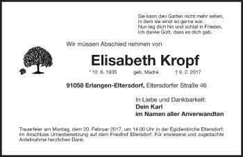 Traueranzeige von Elisabeth Kropf von Erlanger Nachrichten Lokal