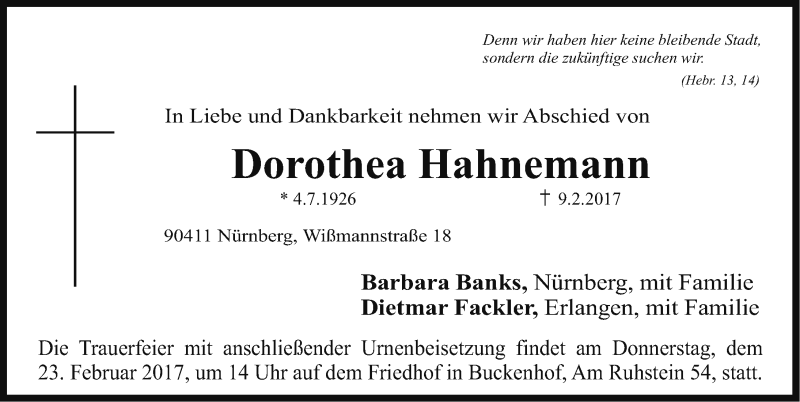  Traueranzeige für Dorothea Hahnemann vom 18.02.2017 aus Erlanger Nachrichten Lokal
