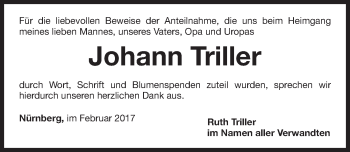 Traueranzeige von Johann Triller von Gesamtausgabe Nürnberger Nachrichten/ Nürnberger Ztg.