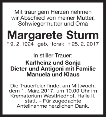 Traueranzeige von Margarete Sturm von Gesamtausgabe Nürnberger Nachrichten/ Nürnberger Ztg.