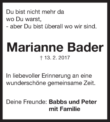 Traueranzeige von Marianne Bader von Gesamtausgabe Nürnberger Nachrichten/ Nürnberger Ztg.