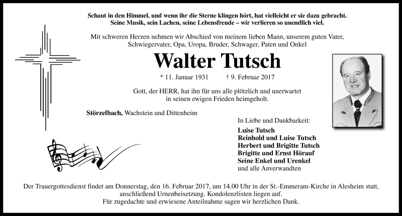  Traueranzeige für Walter Tutsch vom 13.02.2017 aus Altmühl-Bote Lokal