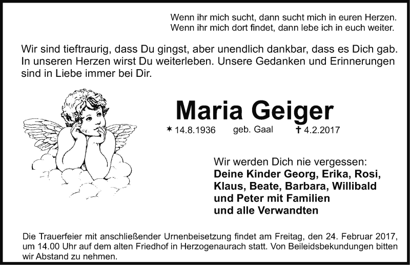 Traueranzeigen von Maria Geiger | trauer.nn.de