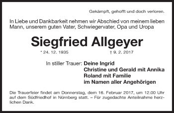 Traueranzeige von Siegfried Allgeyer von Gesamtausgabe Nürnberger Nachrichten/ Nürnberger Ztg.