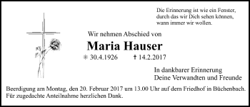 Traueranzeige von Maria Hauser von Erlanger Nachrichten Lokal