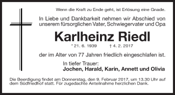 Traueranzeige von Karlheinz Riedl von Gesamtausgabe Nürnberger Nachrichten/ Nürnberger Ztg.