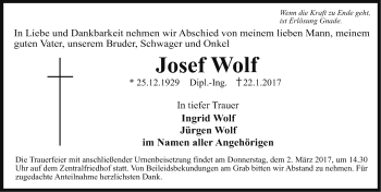 Traueranzeige von Josef Wolf von Erlanger Nachrichten Lokal