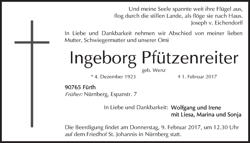  Traueranzeige für Ingeborg Pfützenreiter vom 04.02.2017 aus Gesamtausgabe Nürnberger Nachrichten/ Nürnberger Ztg.