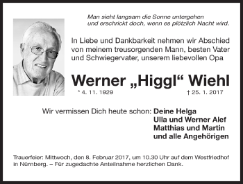 Traueranzeige von Werner Higgl Wiehl von Gesamtausgabe Nürnberger Nachrichten/ Nürnberger Ztg.