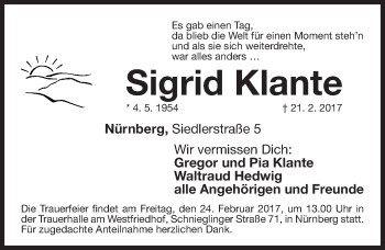 Traueranzeige von Sigrid Klante von Gesamtausgabe Nürnberger Nachrichten/ Nürnberger Ztg.