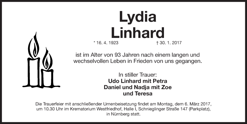  Traueranzeige für Lydia Linhard vom 25.02.2017 aus Gesamtausgabe Nürnberger Nachrichten/ Nürnberger Ztg.