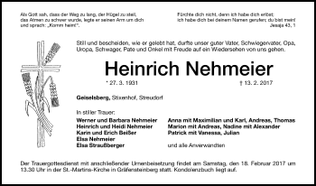 Traueranzeige von Heinrich Nehmeier von Altmühl-Bote Lokal
