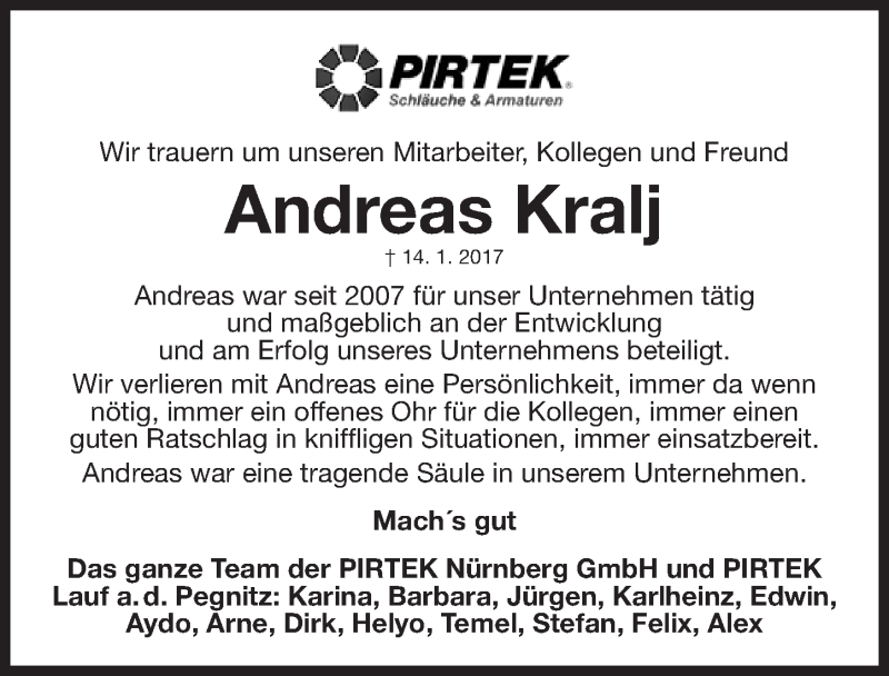  Traueranzeige für Andreas Kralj vom 18.02.2017 aus Gesamtausgabe Nürnberger Nachrichten/ Nürnberger Ztg.