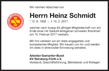 Traueranzeige von Heinz Schmidt von Gesamtausgabe Nürnberger Nachrichten/ Nürnberger Ztg.