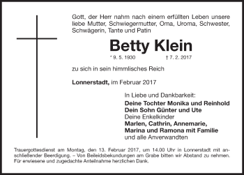 Traueranzeige von Betty Klein von Nordbayerische Nachrichten Herzogenaurach Lokal