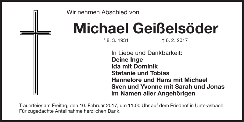  Traueranzeige für Michael Geißelsöder vom 08.02.2017 aus Fürther Nachrichten Lokal