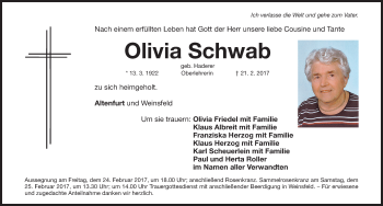 Traueranzeige von Olivia Schwab von Gesamtausgabe Nürnberger Nachrichten/ Nürnberger Ztg.