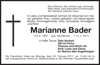 Traueranzeige von Marianne Bader von Gesamtausgabe Nürnberger Nachrichten/ Nürnberger Ztg.