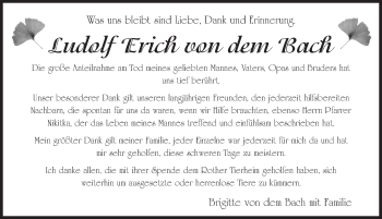 Traueranzeige von Ludolf Erich von dem Bach von Roth-Hilpoltsteiner Volkszeitung Lokal