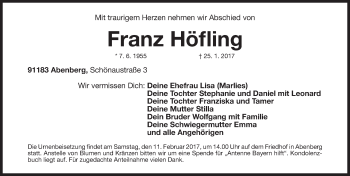 Traueranzeige von Franz Höfling von Roth-Hilpoltsteiner Volkszeitung Lokal
