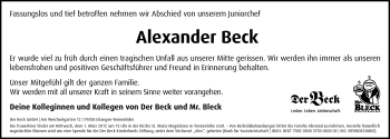 Traueranzeige von Alexander Beck von Gesamtausgabe Nürnberger Nachrichten/ Nürnberger Ztg./ Erlanger Nachrichten