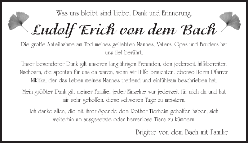  Traueranzeige für Ludolf Erich von dem Bach vom 11.02.2017 aus Roth-Hilpoltsteiner Volkszeitung Lokal