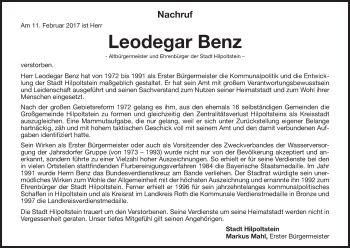 Traueranzeige von Leodegar Benz von Roth-Hilpoltsteiner Volkszeitung Lokal