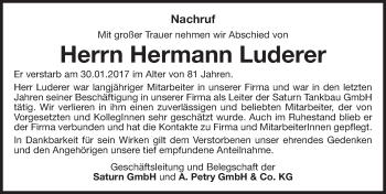 Traueranzeige von Hermann Luderer von Neumarkter Nachrichten Lokal